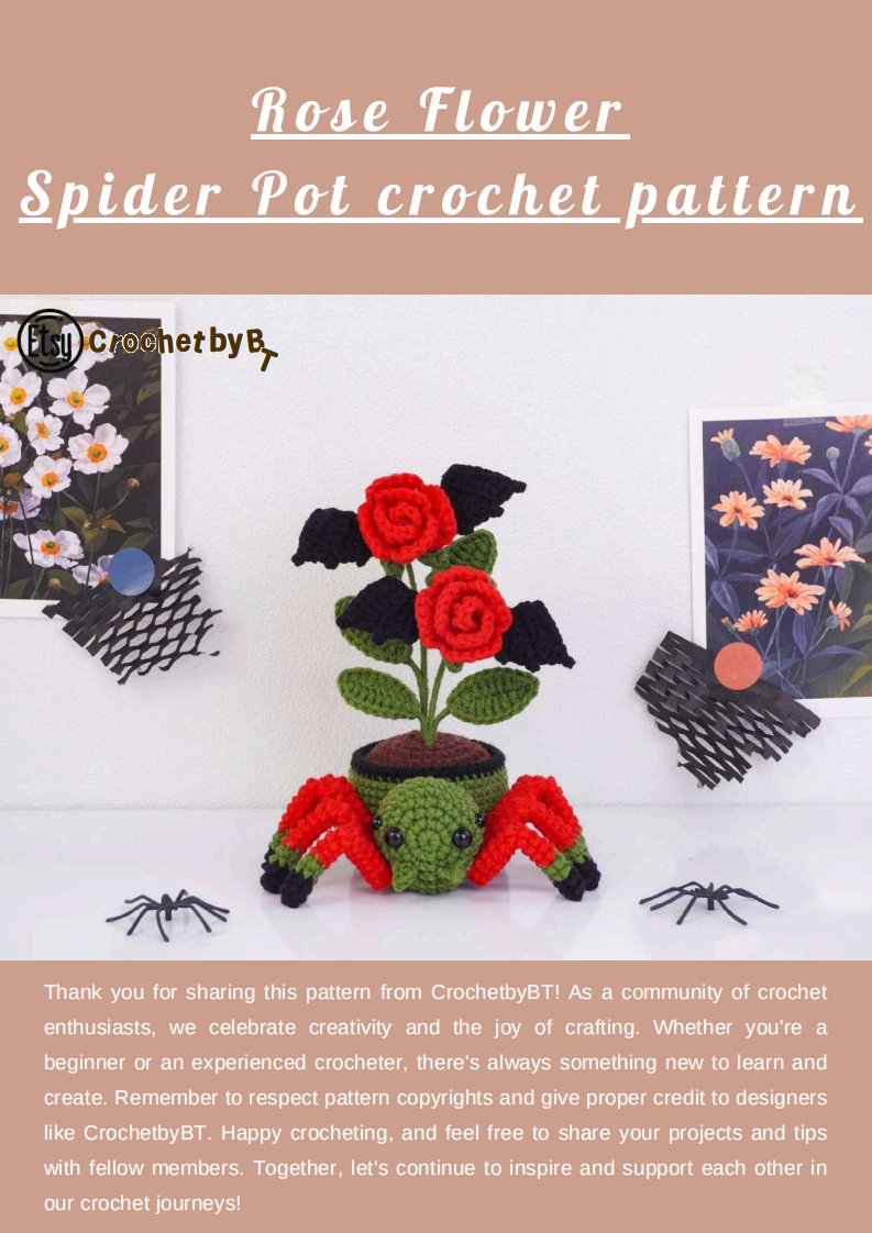 Crochet By BT - Sophie Rae - Halloween Spider Pot , Rose Flower
