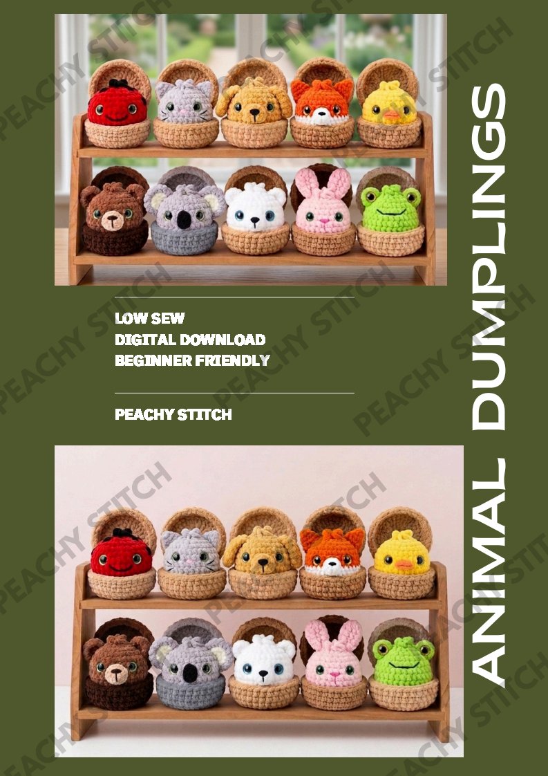 Peachy Stitch - Animal Dumplings- Chick, Ladybug, Cat, Dog, Fox, Bear, Koala, Po